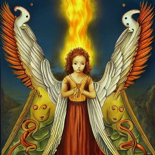 Prompt: A True Cherubim, Four of them, Four Faces, 6 Wings, firey serpent