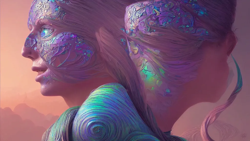 Image similar to a portrait of a beautiful iridescent woman, alchemy, intricate, bloom, detailed, volumetric lighting, sharp focus, photorealism, digital painting, highly detailed, concept art, by roger dean and simon stalenhag and mark brooks