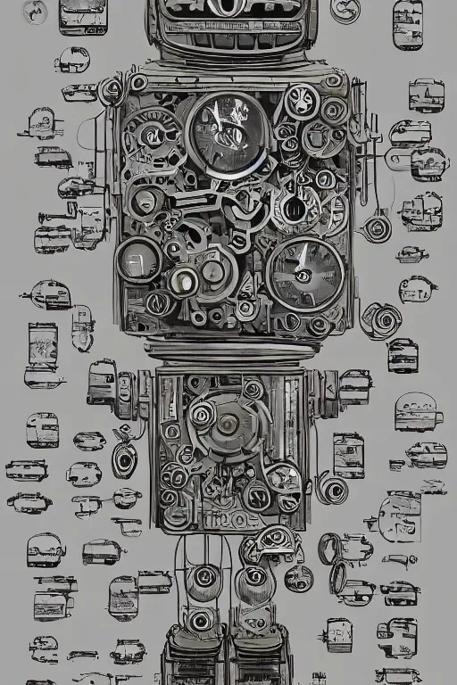 Image similar to a wise old wizard robot made of clocks, painted by wally wood and matt jefferies, trending on artstation, bright macro view pixar, award - winning, blueprint, chillwave, realism