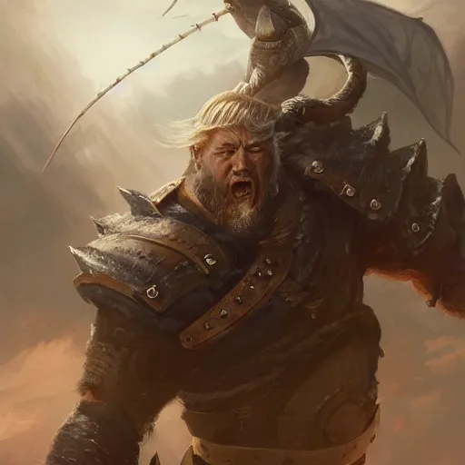 Image similar to a viking man flies aboard a dragon over the white house, in his hands he holds the severed head of donald trump, highly detailed, concept art, art by wlop and artgerm and greg rutkowski, masterpiece, trending on artstation 8 k