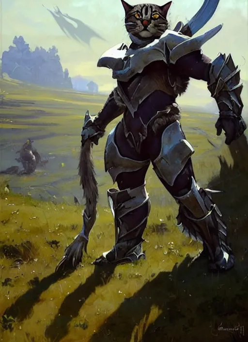 Image similar to Greg Manchess painting of a Cat Charr from Guild Wars 2 wearing Forerunner Armor from Halo, countryside, calm, fantasy character portrait, dynamic pose, above view, sunny day, artwork by Jeremy Lipkin and Giuseppe Dangelico Pino and Michael Garmash and Rob Rey, very coherent asymmetrical artwork, sharp edges, perfect face, simple form, 100mm