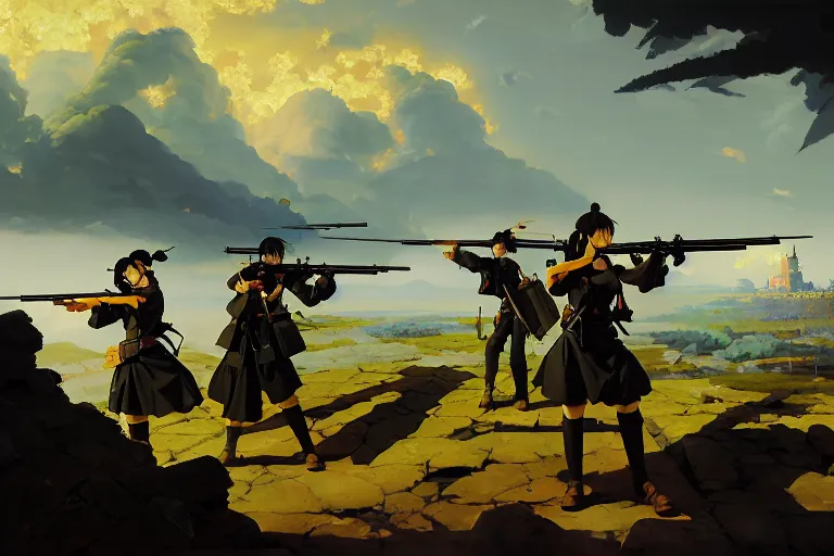 Image similar to baroque oil painting of key visual environment concept art of anime maids firing bolt action rifles at enemy lines, brutalist, dark fantasy, rule of thirds golden ratio, fake detail, trending pixiv fanbox, acrylic palette knife, style of makoto shinkai studio ghibli genshin impact jamie wyeth james gilleard greg rutkowski chiho aoshima