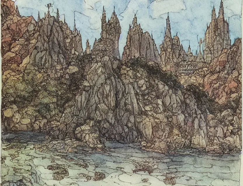 Prompt: a detailed, intricate watercolor and ink illustration with fine lines of the view from the river of a library with a conical roof by frank lloyd wright, by arthur rackham and edmund dulac and lisbeth zwerger