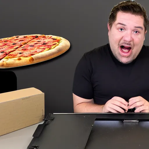 Image similar to Marques Brownee unboxing a Laptop shaped pizza
