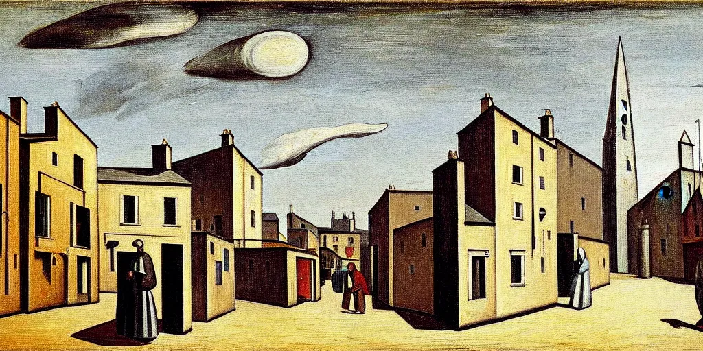 Image similar to a painting of street life in kirkwall, orkney, people,houses, by Giorgio de Chirico