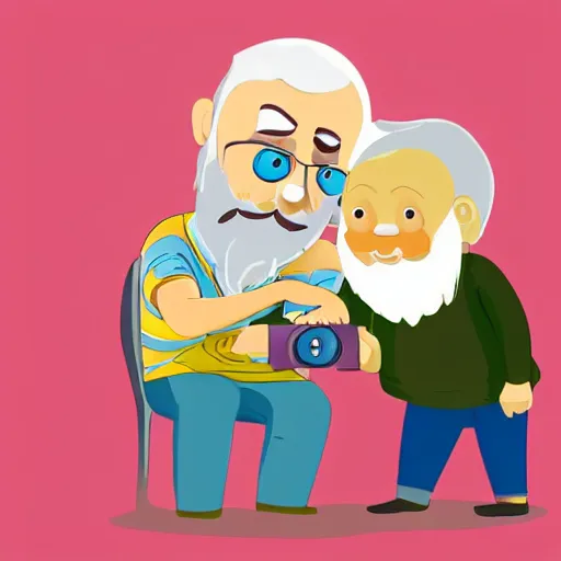 Image similar to cute cartoon character, beard grandpa taking a photo to a baby girl