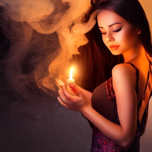 Prompt: beautifull women out of smoke candle, love expression spirit, 8 k, hd,