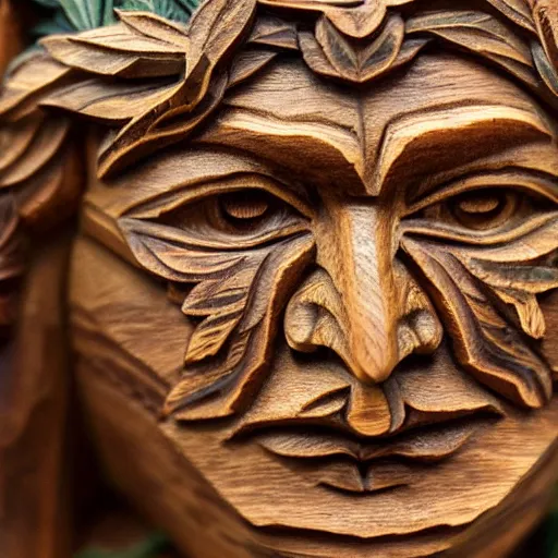 Prompt: deeply carved and stained, highly detailed wood carving depicting the face of the green man, as if made of cannabis fan leaves, resting in a bed of real cannabis leaves