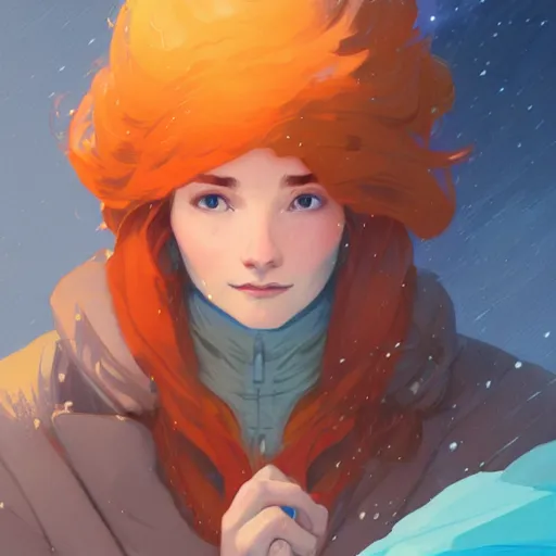 Image similar to portrait of madeline from celeste climbing a snowy mountain, light blue bubble jacket, orange long hair, highly detailed, digital painting, artstation, concept art, sharp focus, illustration, art by greg rutkowski and alphonse mucha