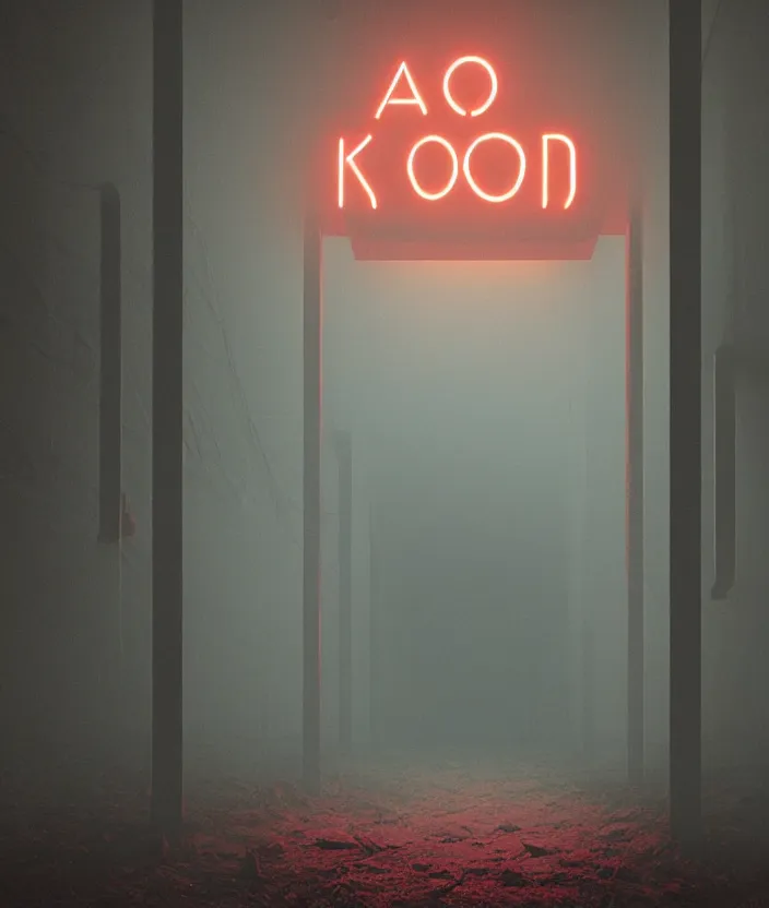 Prompt: a dark hallway, at the end there is a mysterious illuminated door with a neonsign in the style of simon stalenhag