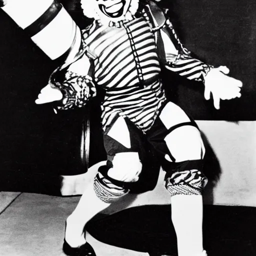 Prompt: old black and white photograph of francisco franco dressed as a clown getting off a spaceship