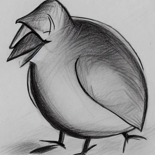 Prompt: funny fat bird resting under mushroom by milt kahl, cartoon pencil sketch