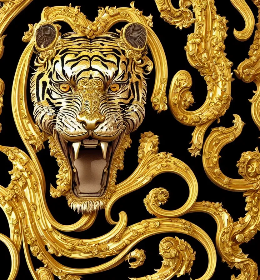 Prompt: beautiful portrait of a large ornate and intricate rococo carved marble and gold tiger face, 3 d, photorealistic, symmetric, front facing, centered, hyper detailed, gold plated on black background, wallpaper, detailed and intricate emblem, baroque medallion,