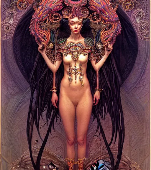 Image similar to symmetrical painting, a beautiful female succuba queen in dress, pretty, detailed and intricate, perfect body shape, perfect face, hypermaximalist, elegant, ornate, luxury, elite, matte painting, cinematic lighting, james jean, brian froud, wayne barlowe