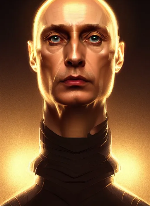 Image similar to symmetry portrait of a person who looks like vladimir putin, sci - fi, tech wear, glowing lights intricate, elegant, highly detailed, digital painting, artstation, concept art, smooth, sharp focus, illustration, art by artgerm and greg rutkowski and alphonse mucha