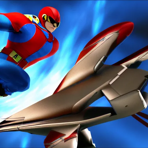 Prompt: captain falcon leaping out of the blue falcon by michael bay, 3 d render