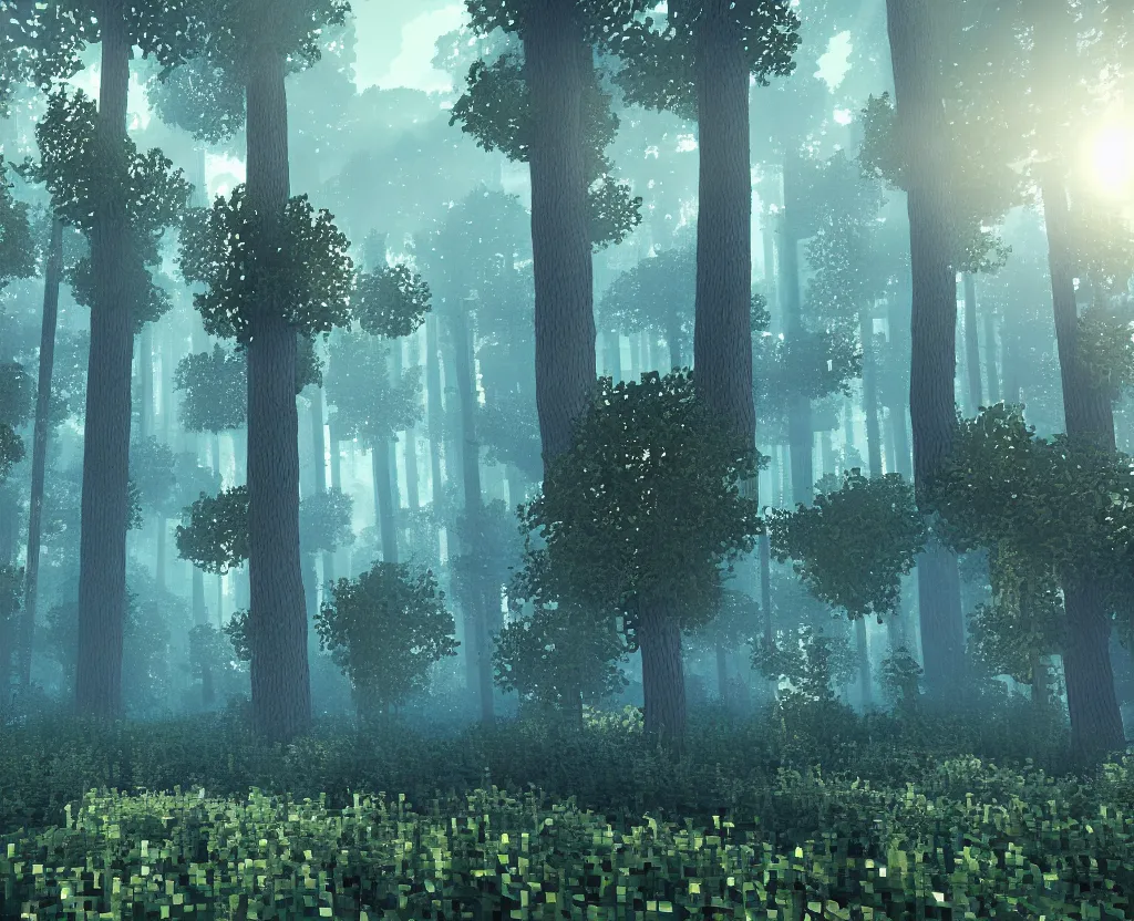 Image similar to blue forest, glowing, minecraft, digital art, highly detailed, artstation, octane render