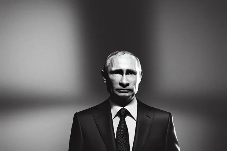 Image similar to a medium low angle shot of Vladimir putin sitting in squat position, looking at the camera, lit from below, shot from below, squatting, 8k, black background