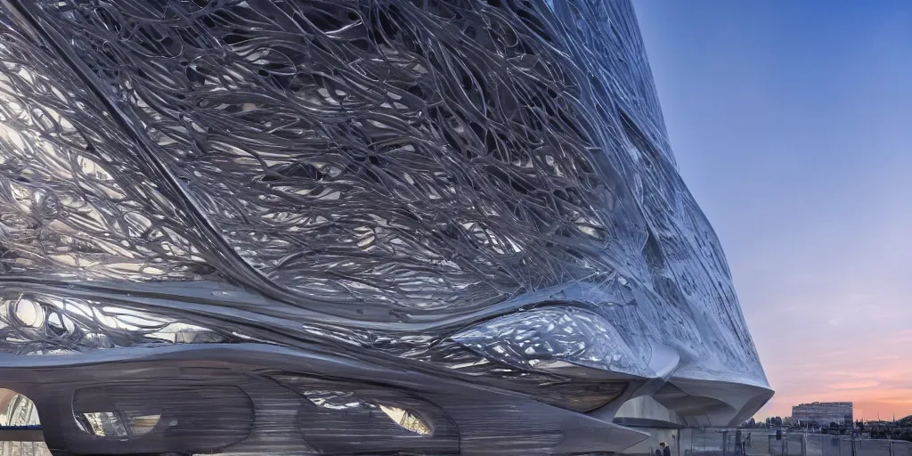 Prompt: extremely detailed ornate stunning sophisticated beautiful elegant futuristic museum exterior by Zaha Hadid, stunning volumetric light, stainless steal, concrete, translucent material, beautiful sunset, tail lights