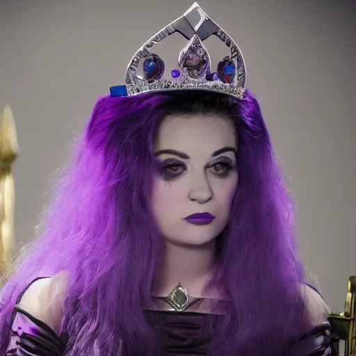Prompt: A 4k photo of young evil princess with purple hair wearing a diamond crown, sitting in a throne in a dark room.