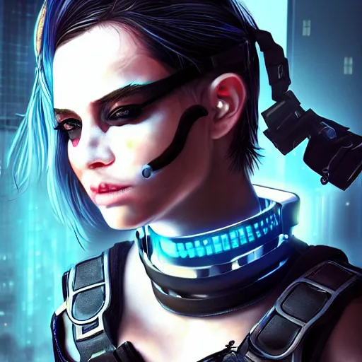 Image similar to realistic female character cyberpunk wearing technological collar around neck, realistic, art, beautiful, 4K, collar, choker, collar around neck, punk, artstation, detailed, female, woman, choker, cyberpunk, punk, collar, choker, collar around neck,