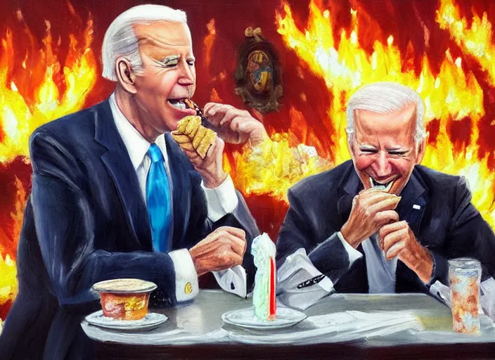 Image similar to oil painting of joe biden eating an ice cream with the whitehouse on fire behind him beautiful artwork by rutowski, realistic, 4 k, masterpiece