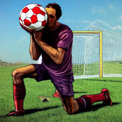 Prompt: a man on his knees crying, a soccer goal behind him, a soccer ball by his side. Epic portrait by james gurney and mœbius.