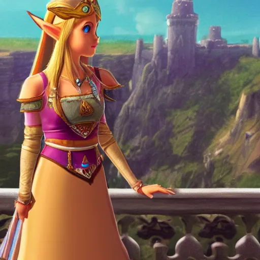 Prompt: Princess Zelda on the balcony of Hyrule Castle, photorealistic