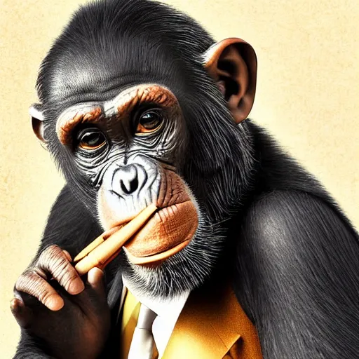 Prompt: a high detail closeup photograph of a chimpanze wearing a suit 👔,and smoking a cigarrette🚬, award wining photograph, digital art