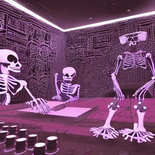 Image similar to skeletons with headphones playing synthesizers, honeycomb walls, D&D, lights, lasers, music, highly detailed, realistic, technology and magic,