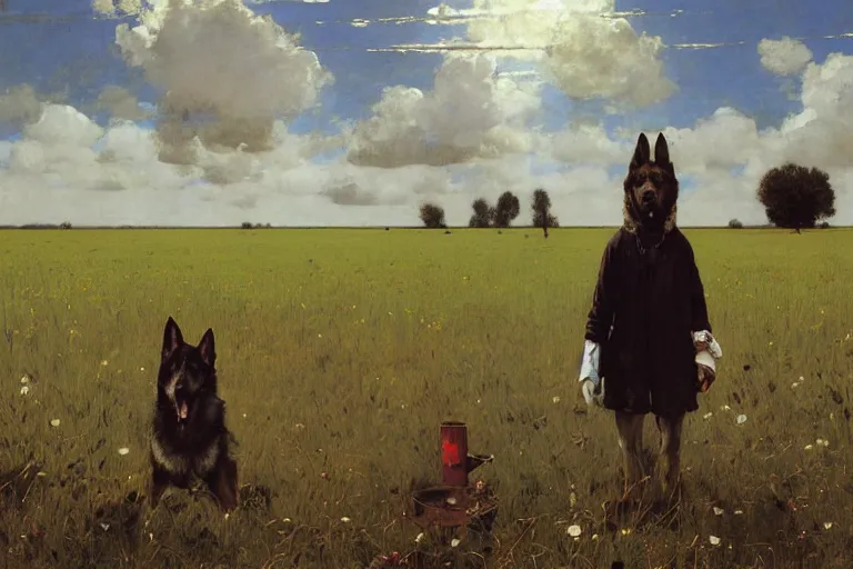 Image similar to farm life portrait of furry anthro anthropomorphic german shepard head animal person fursona wearing clothes on the field in ohio, sunny day, digital art by Nerdrum John, William Waterhouse, Winslow Homer, Alex Heywood, Jordan Grimmer, Darren Quach, Greg Rutkowski, Simon Stalenhag, trending on Artstation, CGSociety