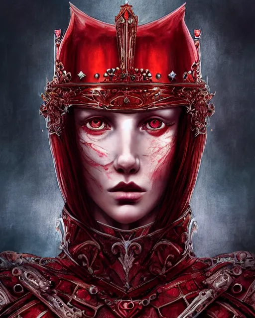 Image similar to redhead queen knight in red armor, inside an epic gothic castle, baroque, large crown, face with scars, intimidating, ominous, high fantasy, intricate detail, digital painting, artstation, concept art, smooth, sharp focus, illustration, art by yoshitaka amano and monia merlo and wlop