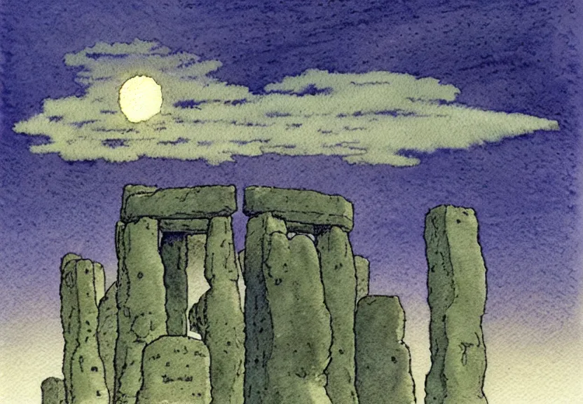 Image similar to a simple watercolor fantasy concept art of a giant dark grey cube floating in the air above stonehenge at night. by studio ghibli, rebecca guay, michael kaluta, charles vess