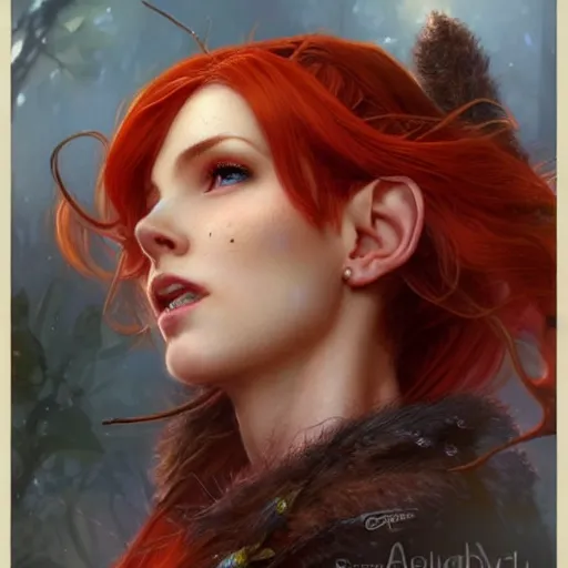 Image similar to highly detailed closeup portrait of beautiful elf woman with red hair, very detailed, realistic, card, by Stanley Artgerm Lau, greg rutkowski, thomas kindkade, alphonse mucha, loish, norman rockwell J.