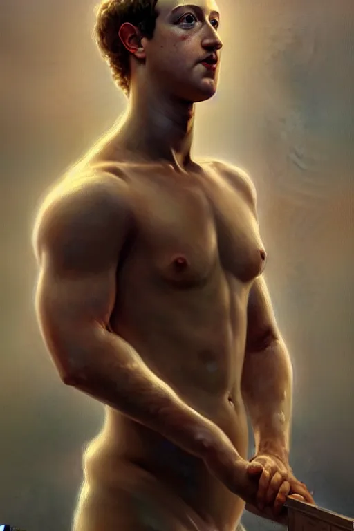 Prompt: Mark Zuckerberg as a Greek god, gorgeous, amazing, muscular, fit, very muscular male body, intricate, highly detailed, digital painting, artstation, concept art, sharp focus, illustration, art by greg rutkowski and alphonse mucha