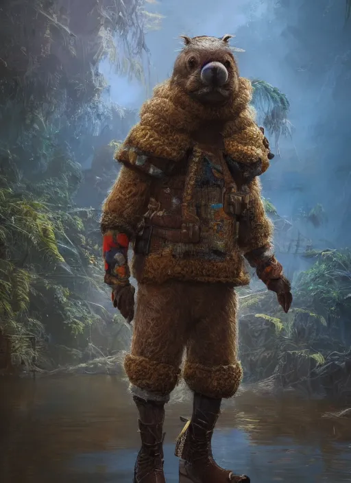 Image similar to detailed full body concept art illustration, soft focus, oil painting on canvas of an anthropomorphic capybara fisherman in full intricate clothing, biomutant, dystopian, micro detail, octane render, 4K