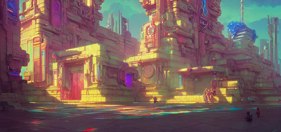 Image similar to street view of a cybernetic temple, vaporwave aesthetic, colorful, psychedelic, digital painting, artstation, concept art, smooth, sharp focus, illustration, art by artgerm and greg rutkowski and alphonse mucha