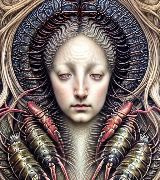 Image similar to detailed realistic beautiful lobster goddess face portrait by jean delville, gustave dore, iris van herpen and marco mazzoni, art forms of nature by ernst haeckel, art nouveau, symbolist, visionary, gothic, neo - gothic, pre - raphaelite, fractal lace, intricate alien botanicals, ai biodiversity, surreality, hyperdetailed ultrasharp octane render
