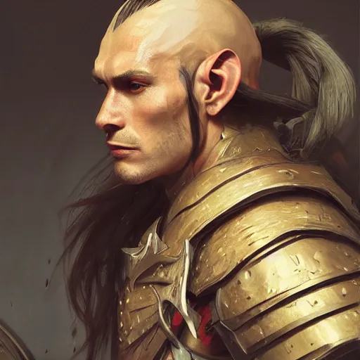 Image similar to character design, portrait of a attractive half elf half orc male with long black hair and proeminent cheekbones, medieval, dark armor, tribal, painting by wlop, nixeu and greg rutkowski, beautiful, cgsociety, semirealism, artstation, octane render, sharpness, 8 k, golden ratio