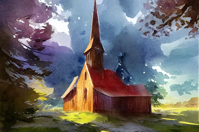 Prompt: small centered on watercolor paper, paint brush strokes, abstract watercolor painting of traditional scandinavian wooden church, viking house, translucent leaves, cinematic light, national romanticism by hans dahl, by jesper ejsing, by anders zorn, by greg rutkowski, by greg manchess, by tyler edlin