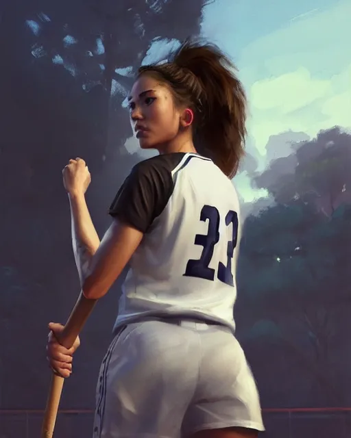 Image similar to epic portrait cinematic shot an female basketball player, white shirt, shorts, a cap, a baseball bat, stadium backround, sunny, fine details. night setting. realistic shaded lighting poster by craig mullism, artgerm, jeremy lipkin and michael garmash, unreal engine, radiant light, detailed and intricate environment, digital art, trending on art station,