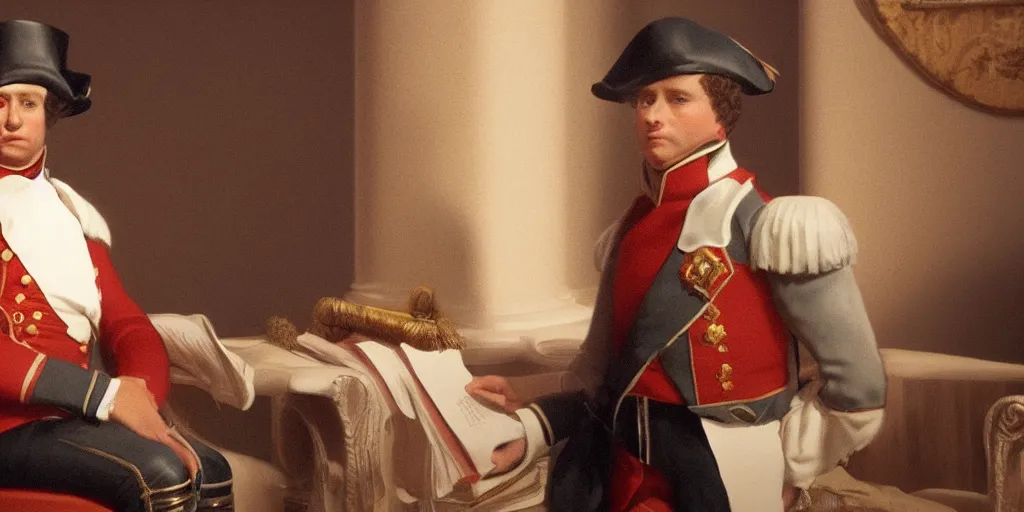 Image similar to napoleon at a talk show, natural lighting, realistic, cinematic, close shot, stolen footage, octane render