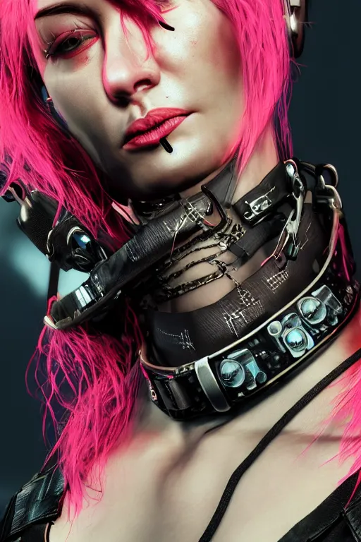 Image similar to detailed realistic female rock star cyberpunk wearing thick technological collar around neck, realistic, art, beautiful, 4K, collar, choker, collar around neck, punk, artstation, detailed, female, woman, choker, cyberpunk, neon, punk, collar, choker, collar around neck, thick collar, tight around neck, punk,