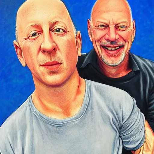 Prompt: portrait of mark knopfler with david gilmour, joyful, highly detailed painting by akira toriyama, 8 k