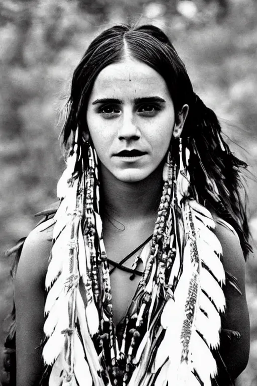 Image similar to “Photo of Native American indian woman Emma Watson, portrait, skilled warrior of the Apache, ancient, realistic, detailed, emma watson”