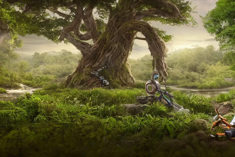 Image similar to professional photo of highly-detailed robot sitting cross-legged with its head pointing down, on a small hill, in a fantasy forest with blooming trees and surrounded my wildlife, river flowing beside the robot, 4k, highly detailed, Unreal Engine
