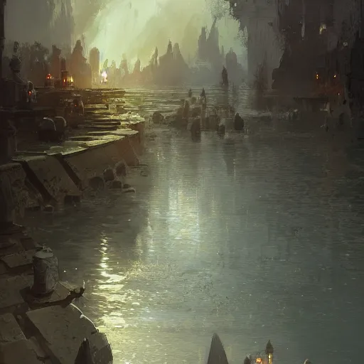 Image similar to concept art, water lanterns, high resolution, by james gurney, greg rutkowski, john howe, artstation