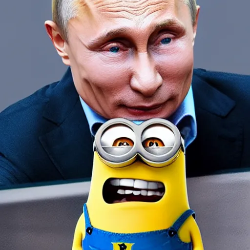 Image similar to vladimir putin holding and eating a minion, highly detailed