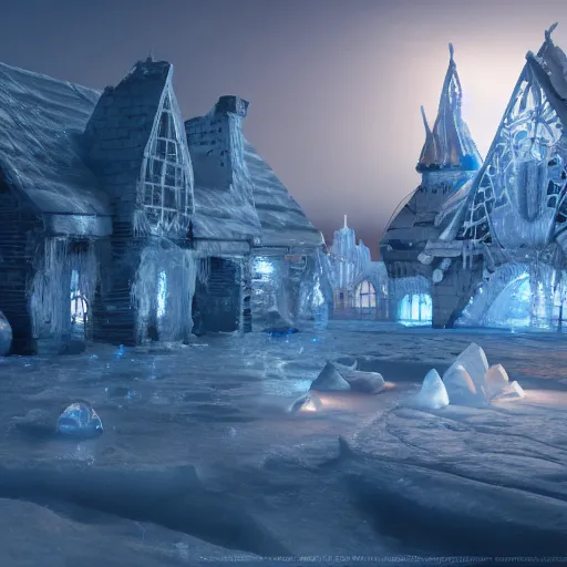 Prompt: ethereal magical ice village, highly detailed, 4k, HDR, award-winning, octane render, artstation