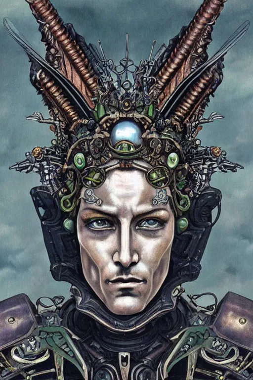 Image similar to a dramatic full-color art nouveau and ironpunk styled bust portrait of a godlike and stoic alien king, with strong judging eyes, extremely detailed, art nouveau cybenetic engraved armor and intricately detailed angel-winged crown of cosmic power, perfectly symmetrical facial structure and framework, handsome yet brutal alien facial features of ancient swarth, by simon bisley, michael kaluta and travis charest, dark sci-fantasy, deeply ornate complexity, male face and bust, human anatomy mixed with cosmic alien and cyborg characteristics, sci-fi character concept, photorealism, art nouveau framing, stunning lighting, hyperrealism, 8k